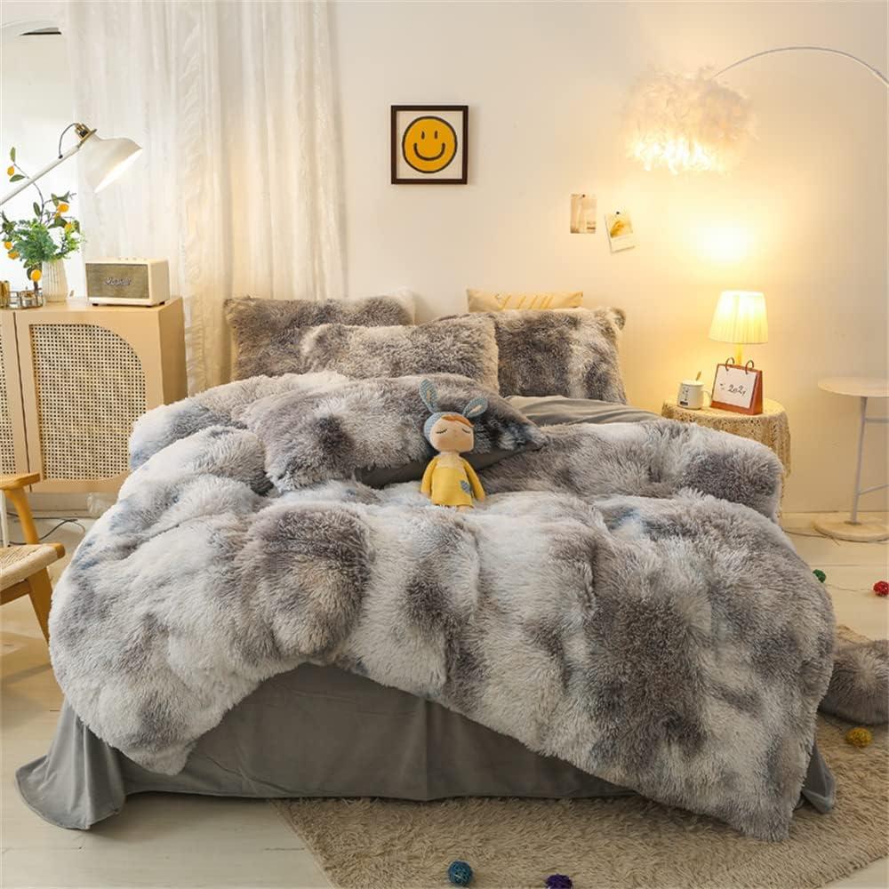 Faux Fur Plush Comforter Set King Size - Grey White Fluffy Fuzzy Shaggy Bedding Set - 3PC Microfiber Soft Warm Quilt Set (Gray White Ombre)