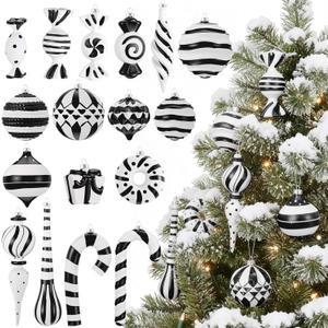 48 Pcs Black and White Christmas Ornaments, Large Hand Painted Holiday Decor with Assorted Sizes & Designs, Hanging Plastic Stripe Dot Ball for Christmas Tree Party Decoration