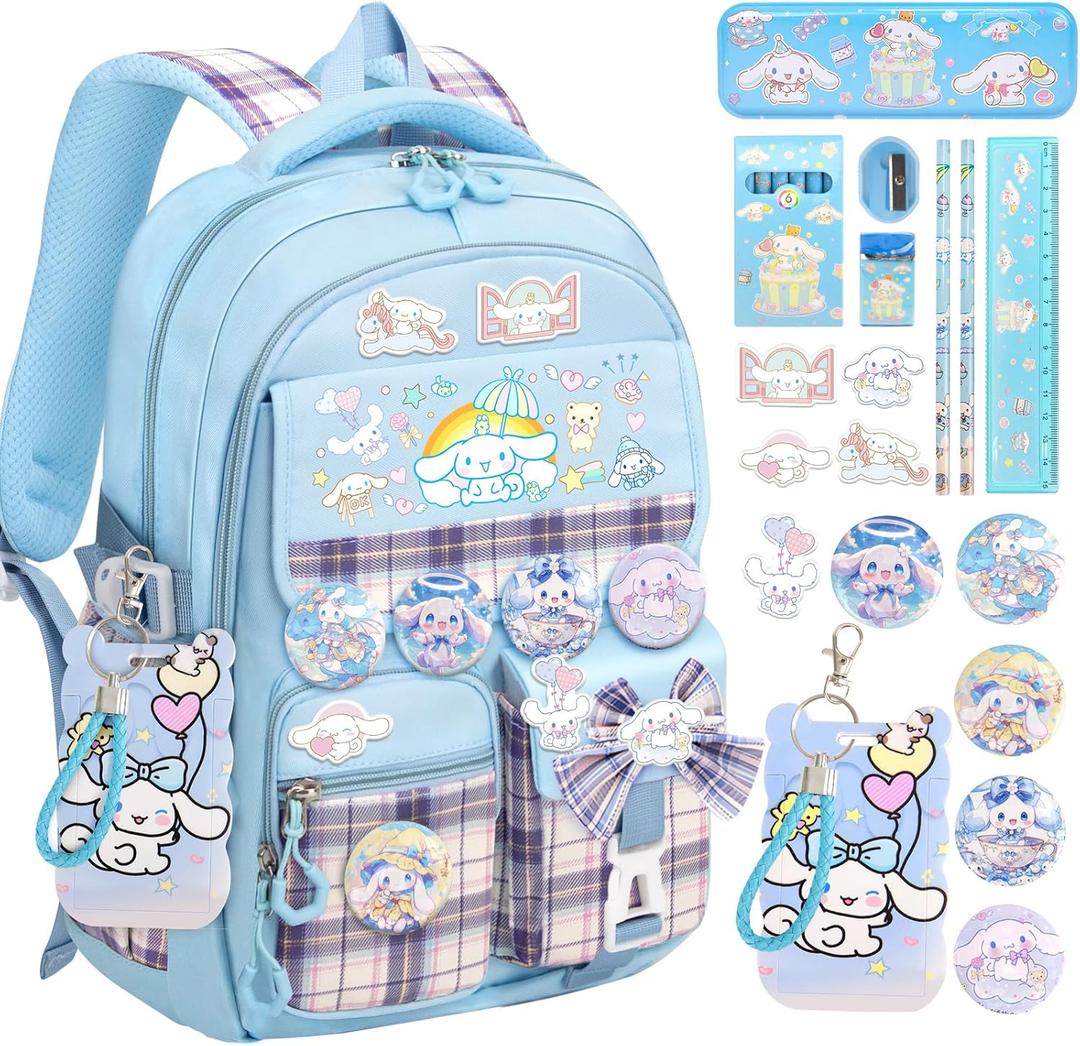 16.5/19IN School Backpack for Girls with 24Pcs Accessories, Anti-Theft Kids Backpack for Students, New Semester Presents with Pins and Card Holder