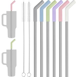 Tomorotec 6-Pack Multicolor Silicone Tip Stainless Steel Straws for 40oz Stanley Tumblers with 2 Cleaning Brushes, 12" Long BPA-Free Healthy and Safe for Outdoor & Home Use Enhances Drink Enjoyment