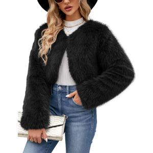 Gihuo Women's Winter Cropped Faux Fur Coat Long Sleeve Open Front Cardigan Fleece Jackets Shaggy Parka Outerwear (Black)