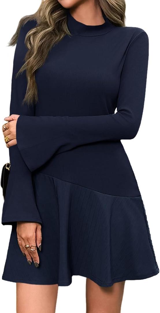 Wenrine Womens Long Bell Sleeve Mini Dress Casual Mock Neck Ruffle Hem Slim Fit Fall Knit Dresses (Medium, Navy)