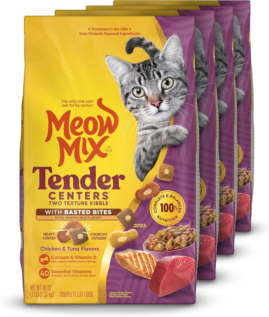 Meow Mix Tender Centers Dry Cat Food with Basted Bites, Chicken & Tuna Flavors, 3 Pound Bag (Case of 4) BB: 06/30/2027