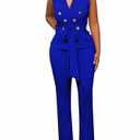 Womens 2 Piece Blazer Pants Set 2025 Trendy V Neck Sleeveless Belted Vest Straight Long Pants Business Suit Sets Blue XL