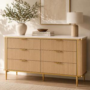 55.1" W 6 Drawer Dresser for Bedroom, Modern Fluted Wood Dresser with Marble-Look Top and Gold Accents, Double Chest of Drawers Storage Cabinet for Closet, Living Room, Entryway, Natural Oak, 15.7"D x 55.1"W x 31.5"H