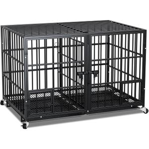 42 Inch Metal Dog Crate for Large Dogs,Heavy Duty Dog Cage Kennel Indoor with Divider Panel, Lockable Wheels, Indestructible Drop Cages for Dogs with Removable Tray, Escape Proof Locks