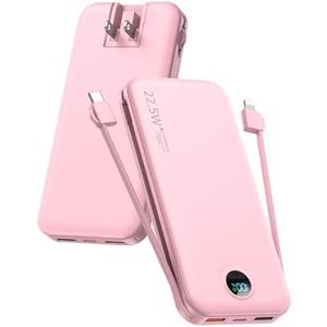 Portable Charger Power Bank, 12000mAh 22.5W USB C Power Bank Fast Charging with Built-in Cables and Wall Plug, Travel Essential Battery Pack with LED Display Compatible with iPhone, iPad, Samsung Pink