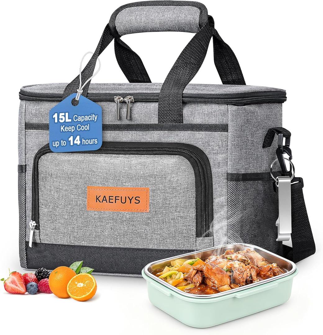 Insulated Cooler Bag for Men Women, 15L Soft Cooler Bag with Adjustable Shoulder Strap, Leakproof for Work, Camping, Travel, Picnic