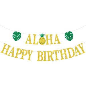 4 x Glittery Aloha Happy Birthday Banner, Aloha Birthday Sign, Tropical Luau Party Decorations, Hawaiian Pineapple Party Decorations Supplies
