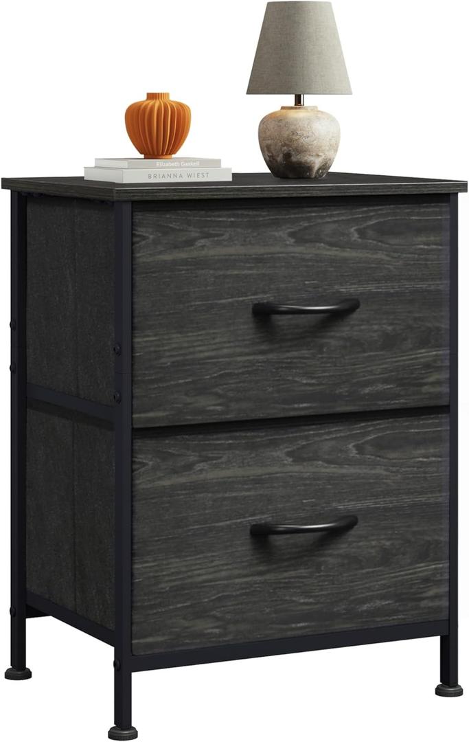 WLIVE Night Stand, Small Dresser with 2 Drawers & Wooden Top, Nightstand with Fabric Bins, Bedside Table End Table for Bedroom, Closet, Entryway, College Dorm, Charcoal Black