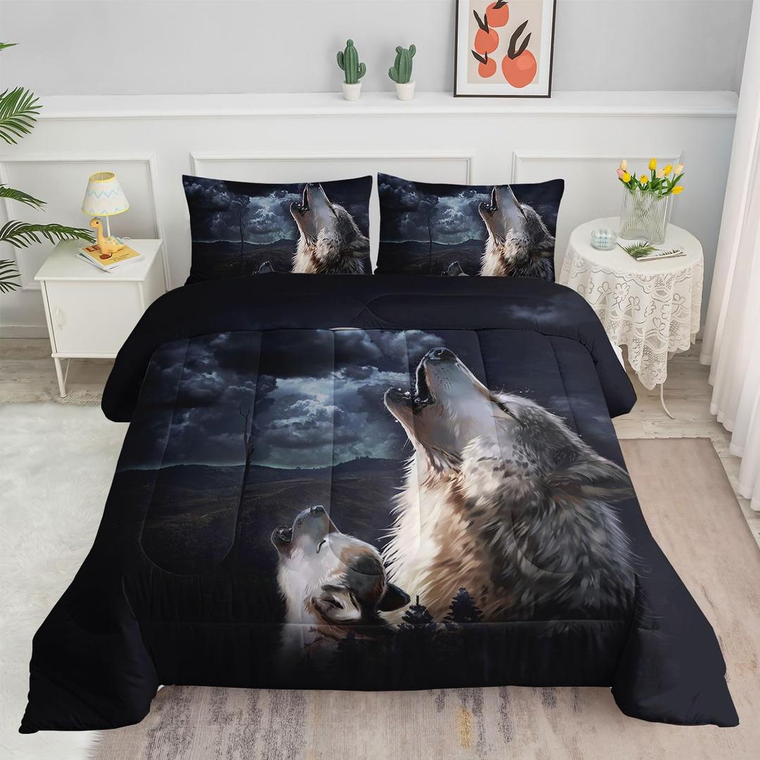 Wolf Printed Bedding Set 3pcs (1 Comforter + 2 Pillowcases) for Boys Girls, Twin Duvet for All Seasons