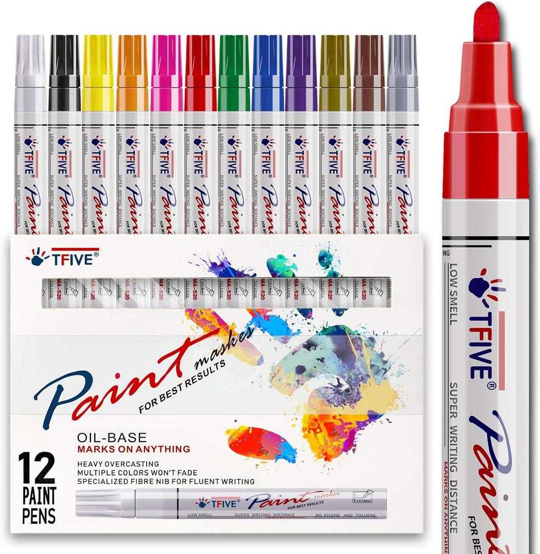 TFIVE Paint Pens Paint Markers Never Fade Quick Dry and Permanent, 12 Color Oil-Based Waterproof Marker Pen Set for Rock Painting, Ceramic, Wood, Fabric, Plastic, Canvas, Glass, Mugs