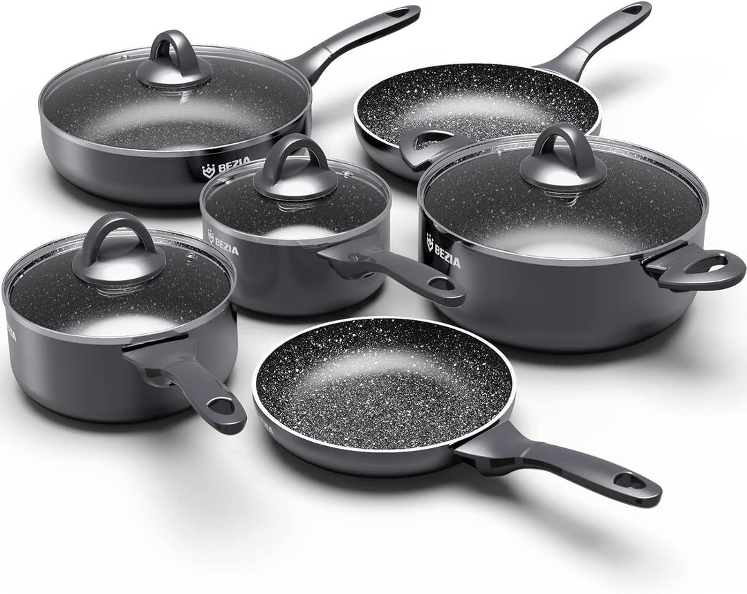 Induction Cookware Pots and Pans Set 10 Piece, BEZIA Dishwasher Safe Nonstick Cooking Pans, Stay-Cool Bakelite Handle, Scratch Resistant Kitchen Sets with Frying Pans, Saucepans & Stockpot (Black)