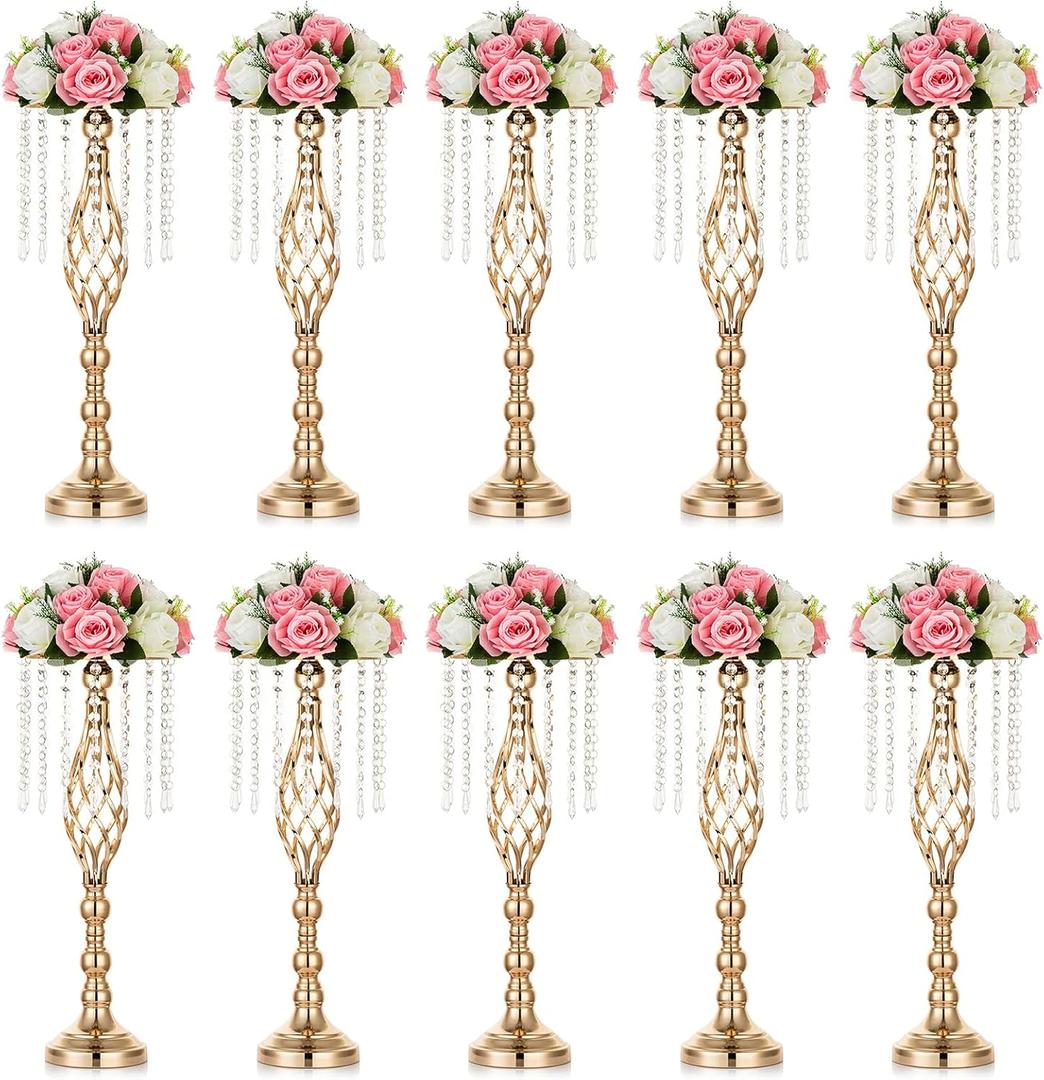 Nuptio 10 Pcs Crystal Flower Stand Wedding Centerpieces for Tables, 21.7in/55cm Tall Elegant Metal Flower Arrangement Stand, Tabletop Metal Flower Vase for Wedding Party Dinner Event Hotel Home Decor (Gold)