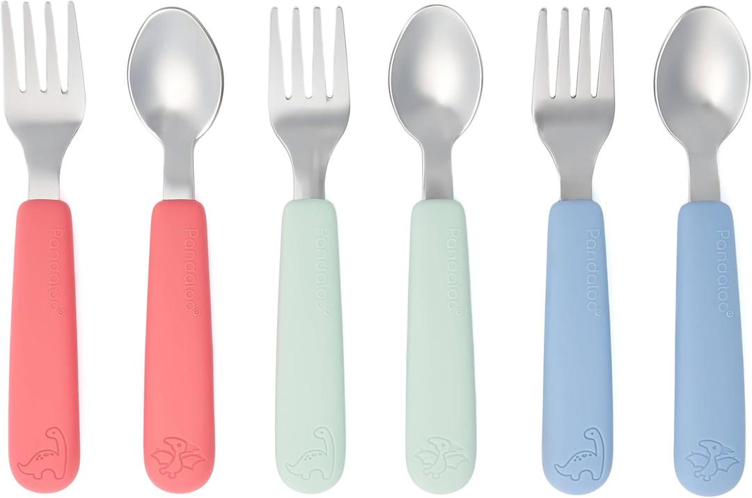 Pandaloo Kids Silverware with Soft Silicone Handle | Toddler Fork & Spoon Set (6pcs) | Toddler Utensils | Food-Grade Silicone + Stainless Steel | Dishwasher Safe | Encourages Independent Eating (Pink/Sweet Sage Baby Blue)