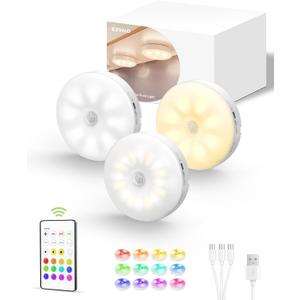 EZVALO Under Cabinet Lighting, 1000mAh Rechargeable Puck Lights with Remote, 3 Color Temps & 12 RGB Motion Sensor Closet Lights, Dimmable Under Cabinet Lights for Kitchen, Cabinets, Closet (3 Packs) (White)