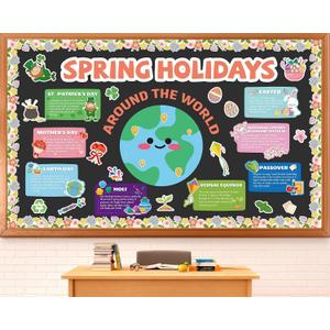 Earth Day Bulletin Board Decoration Spring Holidays Around The World Board with Easter St. Patricks Mothers Earth Day Passover Holi Cutouts for Classroom Office Home Nursery Chalkboard Wall Decor