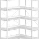 Rolanstar Bookshelf 5 Tier with 4 Hooks, Reversible Corner Bookshelf, 65" Industrial Wooden Bookcase with Open Shelves and Metal Frame for Living Room, Bedroom, Home Office, White