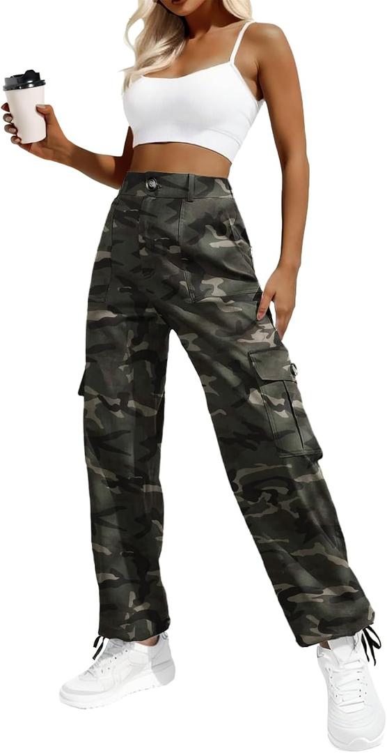 Lepunuo Women's High Waisted Cargo Pants Travel Y2K Streetwear Baggy Stretchy Pants with 6 Pockets Drawstring Ankle Cuffs (XXL)