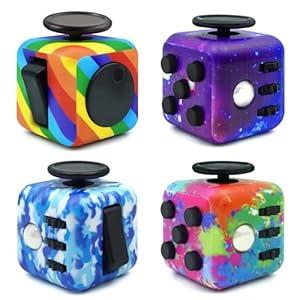 Lollyx Fidget Toy Cube, 4 Pack Cube Fidget Anxiety Relief Toys for Kids and Adults, 6 Sided Fidget Toys Cube Hand-Held for Adults, Audible/ Silent Cube Toys Fidget for ADD/ ADHD/ OCD
