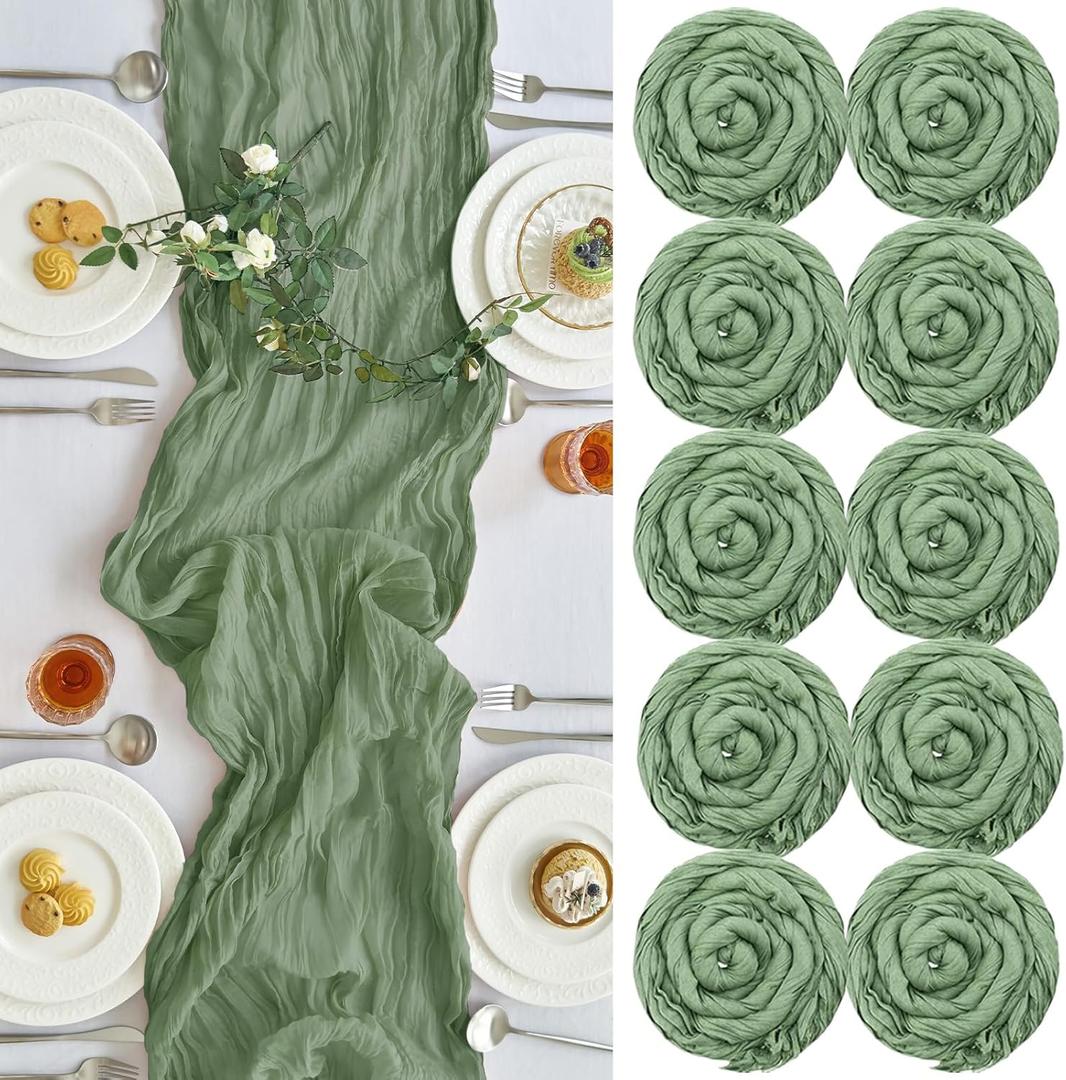 IVAPUPU 10 Pcs Cheesecloth Table Runner - 10ft Sage Green Boho Gauze Cheese Cloth Table Runners for Baby Shower Decoration Wedding Party Summer Garden Farmhouse
