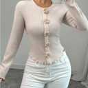 Women's Floral Applique Ribbed Knit T Shirt Long Sleeve Crewneck Slim Fit Lettuce Trim Elegant Top (S)