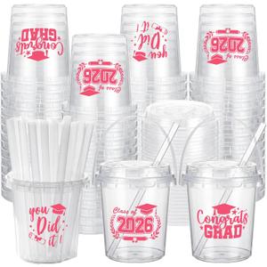 Ceenna 30 Sets 24oz Graduation Drink Buckets with Lids and Straws Class of 2026 Graduation Plastic Bucket Cups Congrats Grad Party Supplies for High School College Tailgate Party Summer Events (Pink)