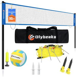 32ft Regulation Size Portable Outdoor Volleyball Net Set System for Backyard Beach with Height Adjustable Poles, PU Volleyball and Pump, Carry Bag, Boundary Line - Easy Set Up & Anti-Sagging