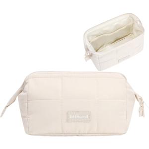 Travel Makeup Bag for Women Wide-Open Large Capacity Cosmetic Bag, Toiletry Pouch with Brush Storage, Travel Essentials Accessories(Beige)