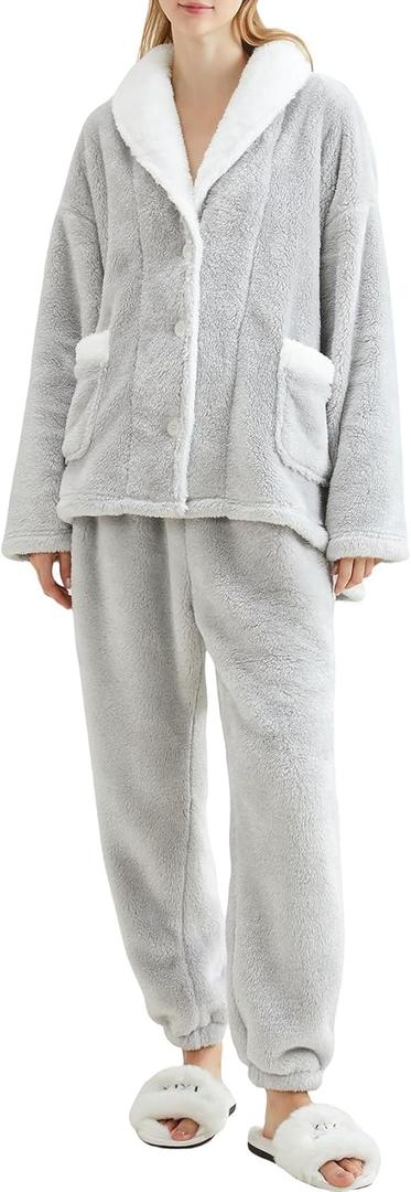 Arssm Womens Fluffy Pajama Set 2 Piece Pjs Set Fuzzy Sleepwear Top Pants Coral Fleece Lounge Set Button Down Pjs (Medium, Lightgrey)