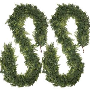 2 Pcs 9FT Christmas Cedar Garland Artificial Realistic Faux Green Cedar Pine Garland Real Touch Christmas Garland for Xmas Home Decoration Indoor Stairs Railing Fireplace Outdoor
