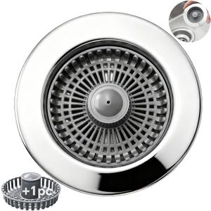 Solid Brass Body 3-in-1 Kitchen Sink Drain Strainer & Stopper, Heavy Duty Pop Up Plug Assembly with 2 Baskets, Anti-Clog Replacement for US Standard 3-1/2 Inch Drains, Rust-Proof Silver