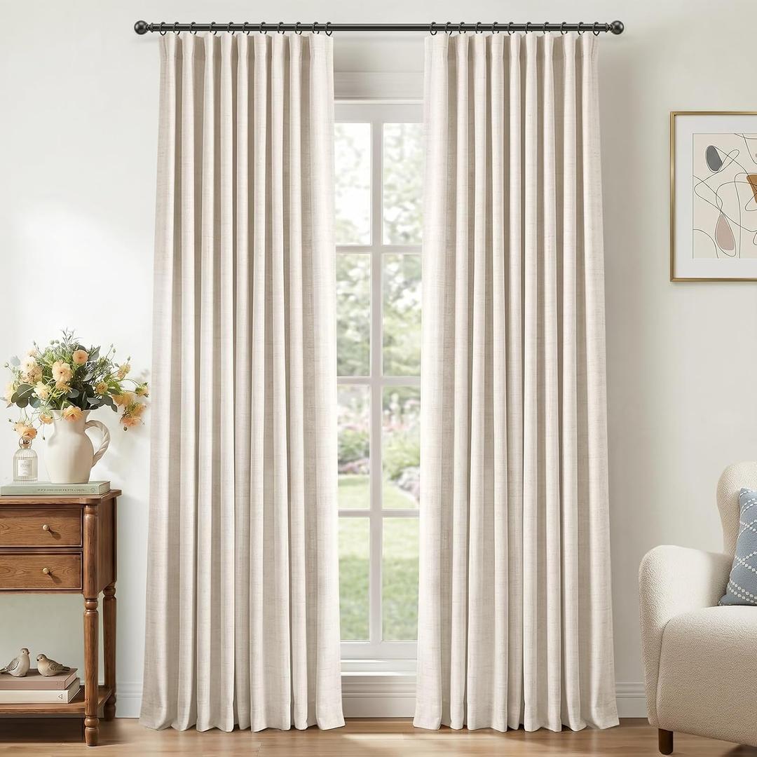 100% Blackout Shield Full Blackout Curtains for Bedroom 84 inch Length 2 Panels Set, Clip Rings/Rod Pocket Faux Linen Black Out Curtains for Living Room, Thermal Insulated, 50Wx84L, Beige