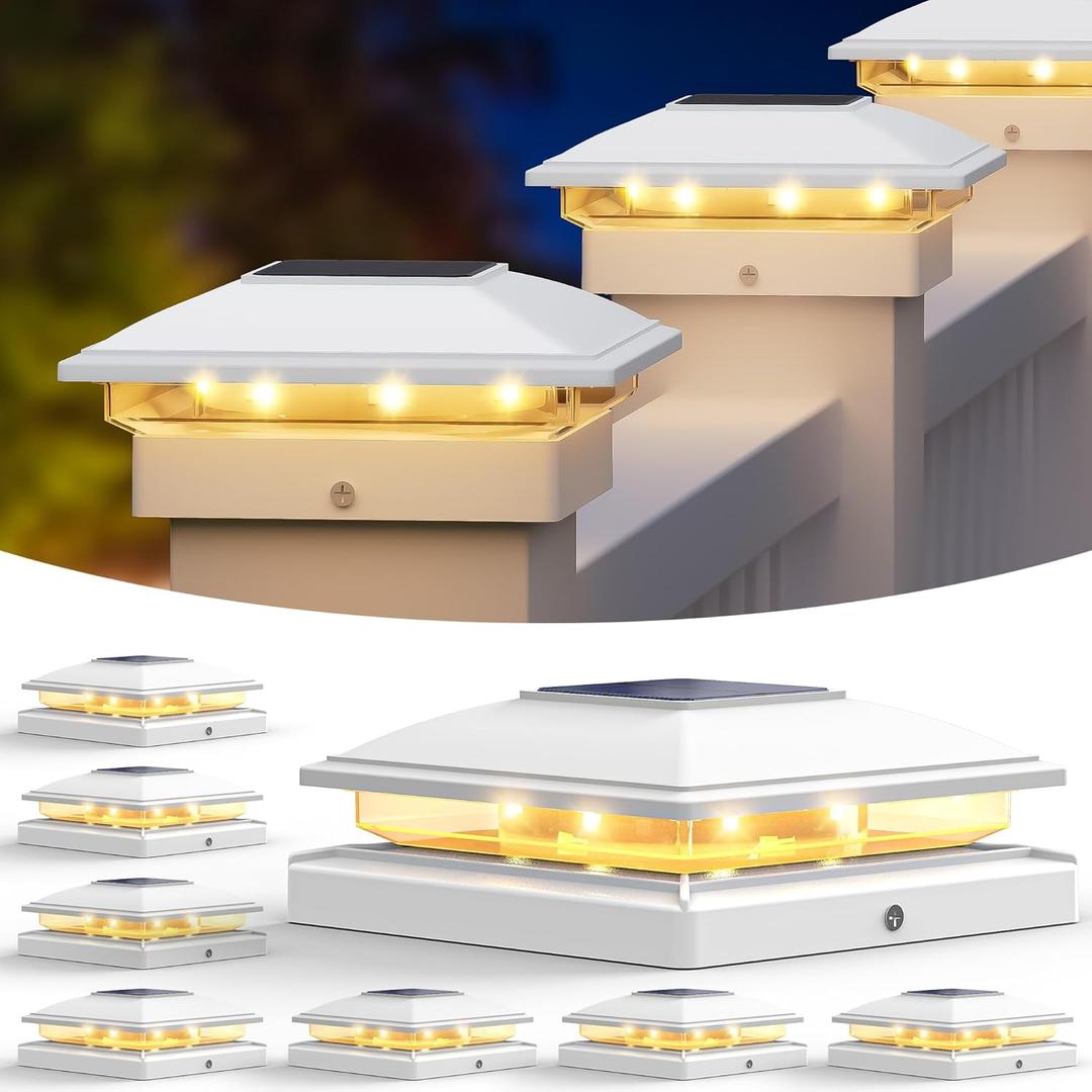 VOLISUN Solar Post Cap Light Outdoor,Solar Fence - Post Lights Waterproof for 4x4/5x5/6x6 Wooden/Vinyl Post,White Deck Cap Light Solar Powered with Warm White for Garden/Patio/Porch 8pack