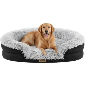 Fluffy Orthopedic Dog Bed for Large & Extra Large Dogs, Calming Plush Sofa Bed with Curved Bolster Support and Egg-Crate Foam Base, 43" Cozy Oval Pet Donut Bed with Washable Cover, Gray