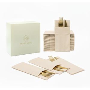 Beige Dinner Napkins Cloth Like with Built-in Flatware Pocket, Linen-Feel Absorbent Disposable Paper Hand Napkins for Kitchen, Bathroom, Parties, Weddings, Dinners or Events, 16x16 inches, Pack of 50