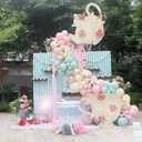 Bucherry Tea Party Decorations Set 2 Pcs Wonderland Teapot Teacup Arch with 135 Pcs Macaron Green Pink Yellow Balloons for Tea Party Birthday Garden Spring Bridal Shower Wedding Entrance Backdrop
