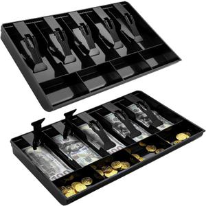 2PCS Cash Register Drawer, 15.9x9.6x2.8 Inch Cash Register Insert Tray with Metal Clip, 5 Bill / 3 Coin Currency Till Replacement Cashes Tray, Money Drawer Organizer Storage Box