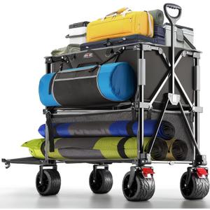Overmont 400L Foldable Double Decker Wagon - Large Capacity Collapsible Wagon Cart- 52" Extra Long Extender - All-Terrain Big Wheels for Camping, Football Game, Sports Events, Support Up to 450lbs (Black)