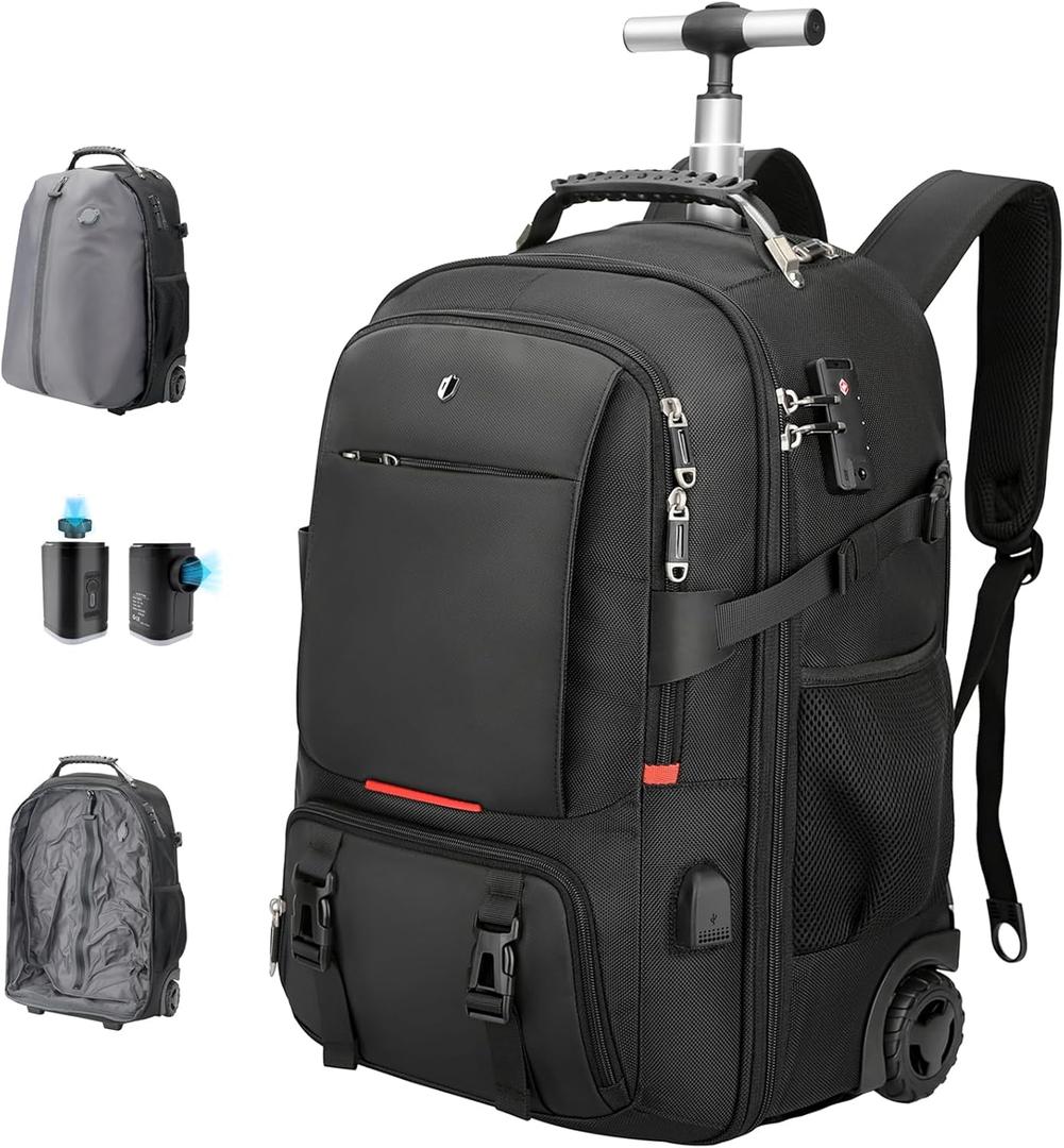 Travel Vacuum Backpack with Wheels for Women Men, 50L Rolling Vacpack Backpack with Vacuum System, Laptop Compartment, TSA Lock, Dry-Wet Pocket Luggage suitcase, Air Travel, Weekend Trips (Black(included Pump))