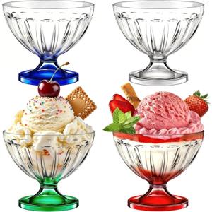 Rozer 4 Pcs Ice Cream Bowls 8.5 oz Colorful Clear Acrylic Dessert Cups Footed Cute Plastic Trifle Bowl for Serving Sundae Salad Ice Cream Cocktail Condiment Fruit Snack Holiday Party