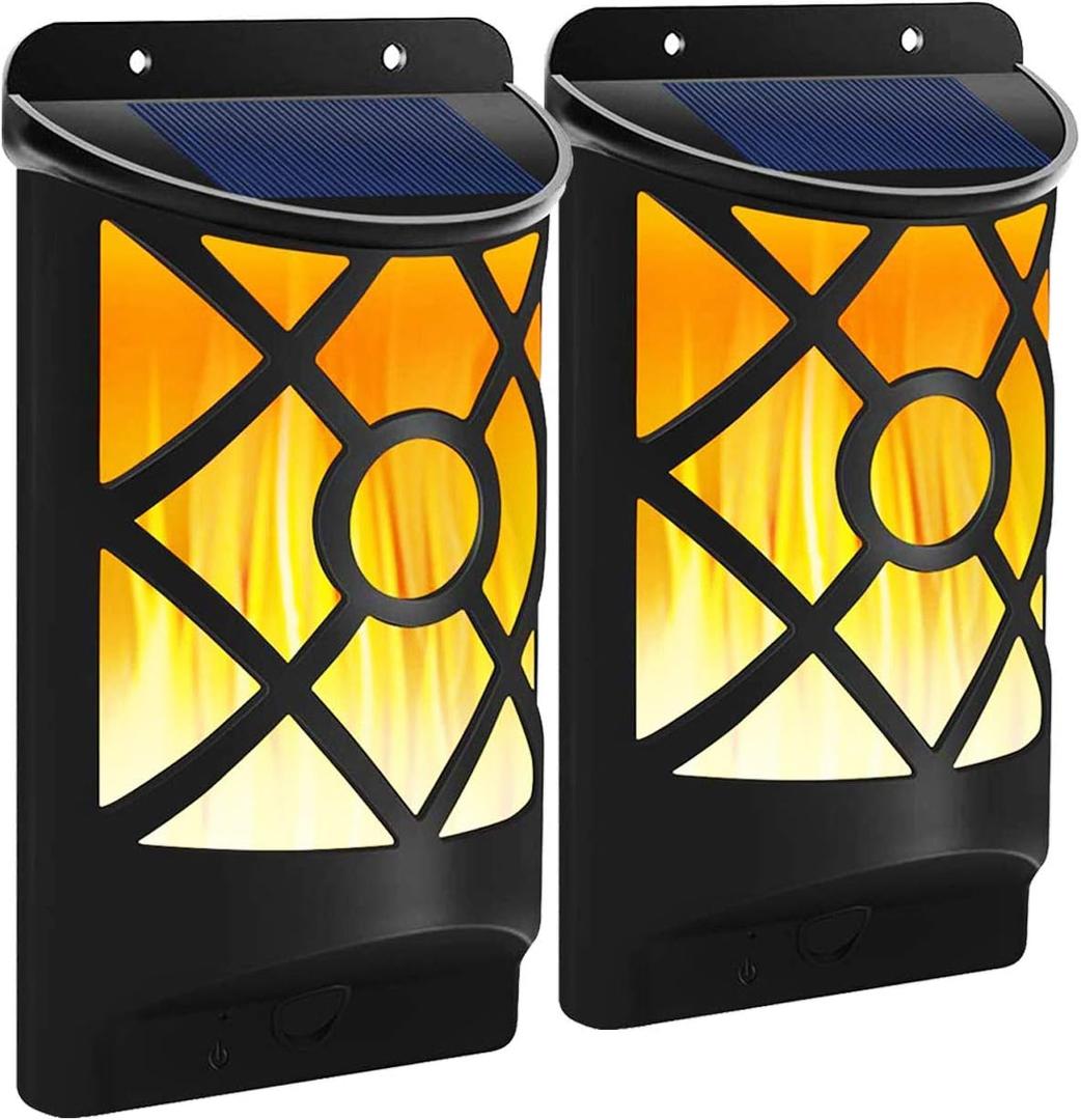 Solar Flame Lights Outdoor, Waterproof Flickering Flame Solar Lights Dark Sensor Auto On/Off 66 LED Solar Powered Wall Mounted Night Lights Lattice Design for Patio Deck Driveway (2Packs)