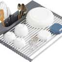 Roll Up Dish Drying Rack Over Sink, 17.5" x 15.2" Foldable SUS304 Stainless Steel Kitchen Dish Drainer, Heat-Resistant Multipurpose Rolling Sink Rack Organizer,Grey