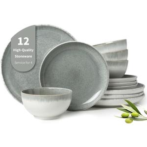 Pokini Gradient Green Stoneware Dinnerware Sets, 12 pcs Reactive Glaze Plates and Bowls Sets, Handmade Ceramic Round Dishes Set for 4, Highly Chip and Crack Resistant Modern Plate Set