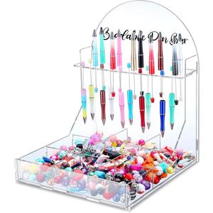 Glenmal Beadable Pen Bar Holder with Sorting Tray 10 Slots Beadable Pen Display Stand Beadable Pen Storage Organizer with Bead 9 Grid Organizer Box Divided Storage Case for DIY Home Office (Acrylic)