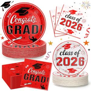 Red Graduation Plates and Napkins 2026, 9 Disposable Paper Plates 7 Dessert Plates, Red Congrats GRAD Class of 2026 Party Supplies Tableware Set for Graduation Party Decorations Serve 50 Guests