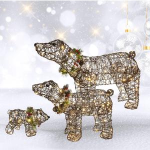 Lighted Christmas Decorations Outdoor Rattan Polar Bear 3-Piece - HOYECHI Polar Bear Family with 140 LED Lights, Zip Ties, Ground Stakes for Front Yard, Lawn - Rattan/Brown