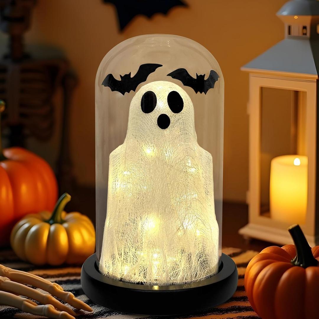 DAZONGE Halloween Decorations Indoor, Lighted Ghost in Glass Dome Cloche, Cute Spooky Halloween Ghost Decor for Tabletop Mantel Display DAZONGE Halloween Decorations Indoor, Lighted Ghost in Glass Dome Cloche, Cute Spooky Halloween Ghost Decor for Tabletop Mantel Display