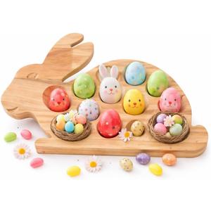 Wood Easter Deviled Egg Tray, 15.3" Bunny Shaped Deviled Egg Platter with 21 Slots, Solid Wooden Holder for Countertop, Reusable Serving Board for Charcuterie, Brunch & Holiday Party
