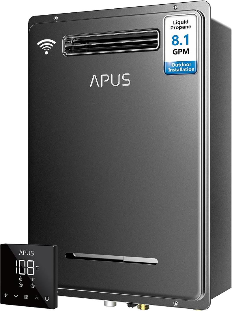 APUS 190,000 BTU Outdoor Tankless Water Heater, 8.1 GPM Propane Instant Hot Water Heater with WiFi & Remote Control, High Efficiency for Supports 5 Outlets